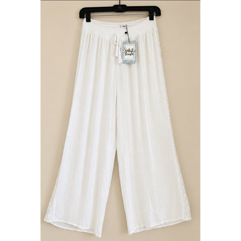 Salty Lemon White Gauze Wide Leg Pants Small Coastal Boho Beach Palazzo Swim NEW